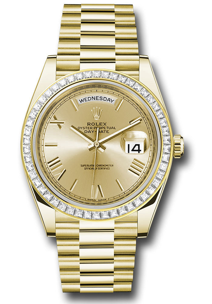 *Pre-Owned* Rolex Yellow Gold Day-Date 40 Watch - Baguette Diamond Bezel - Champagne Bevelled Roman Dial - President Bracelet