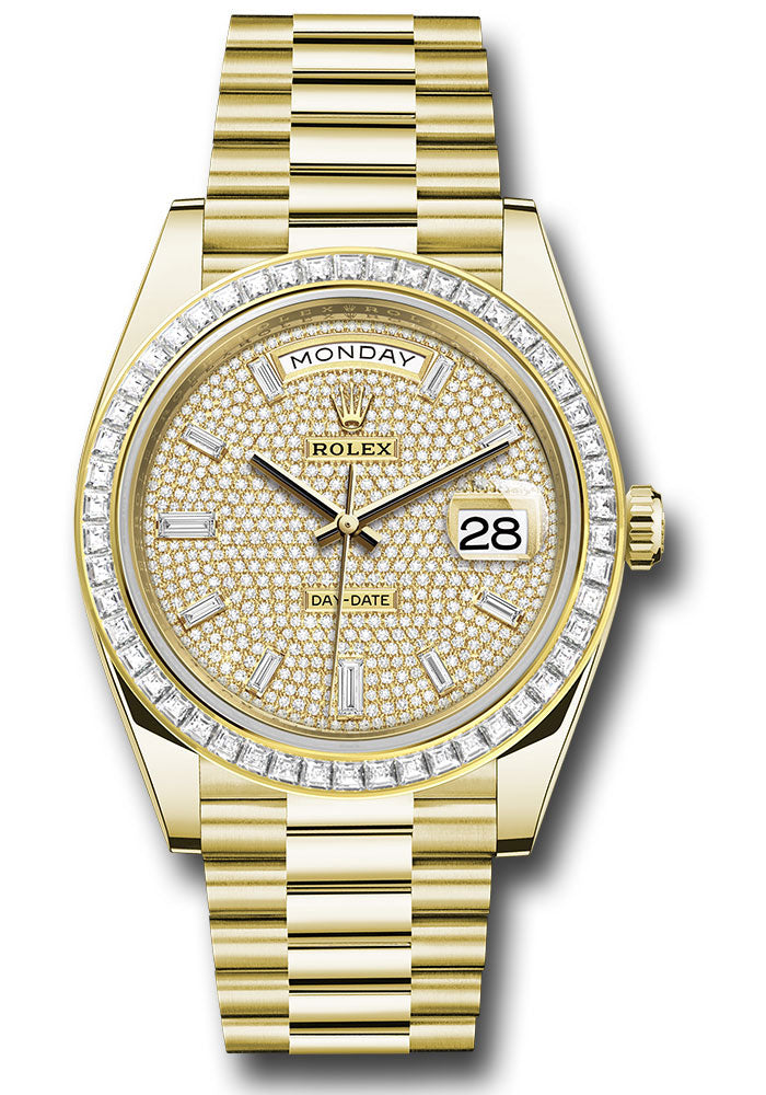 *Pre-Owned* Rolex Yellow Gold Day-Date 40 Watch - Baguette Diamond Bezel - Diamond-Paved Dial - President Bracelet
