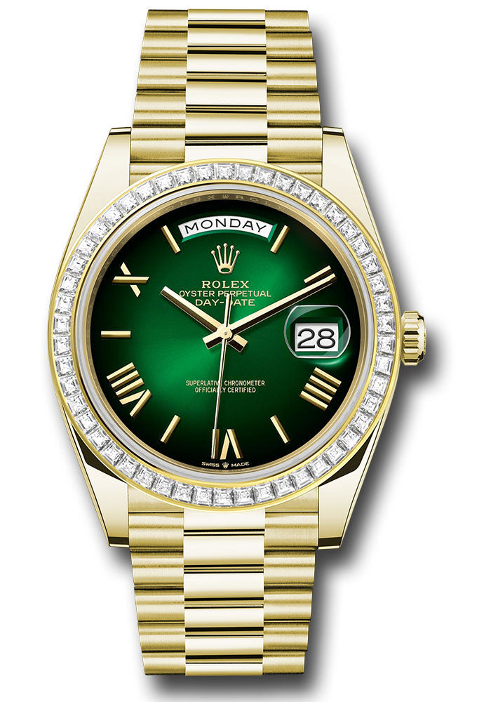 *Pre-Owned* Rolex Yellow Gold Day-Date 40 Watch - Diamond Bezel - Green OmbrÃ© Roman Dial - President Bracelet