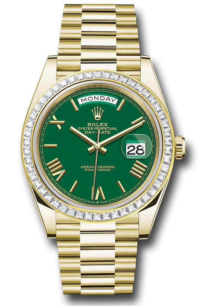 *Pre-Owned* Rolex Yellow Gold Day-Date 40 Watch - Baguette Diamond Bezel - Green Roman Dial - President Bracelet