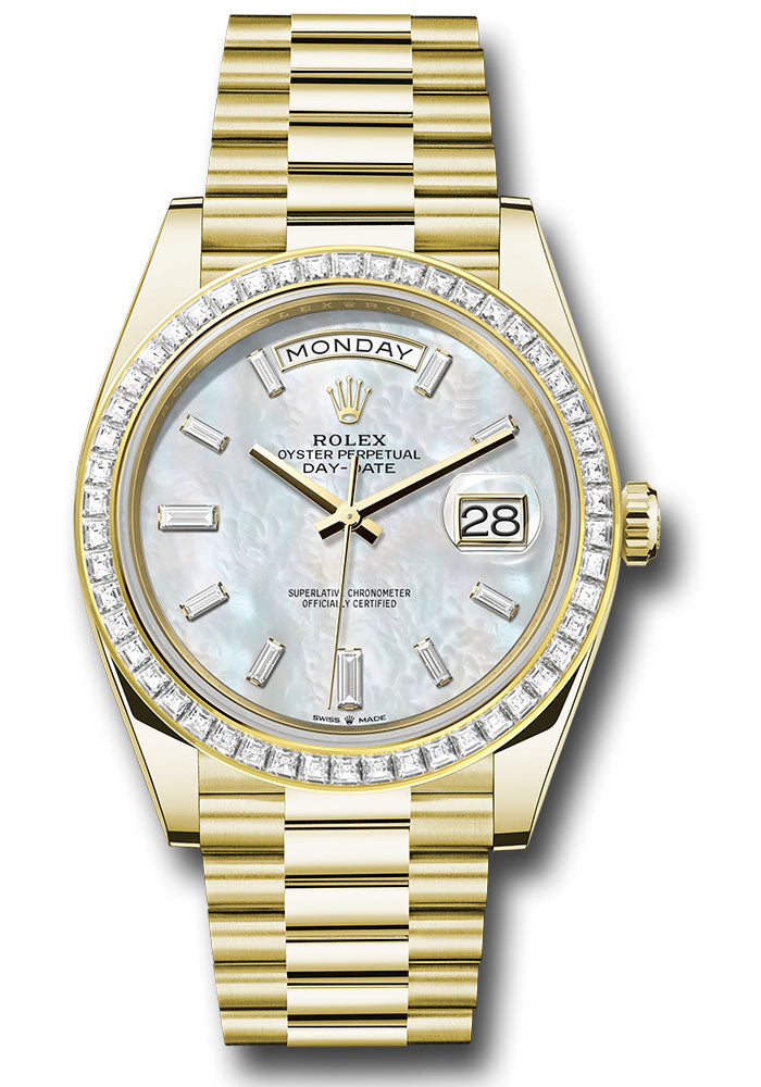 *Pre-Owned* Rolex Yellow Gold Day-Date 40 Watch - Diamond Bezel - White Mother-Of-Pearl Dial - President Bracelet