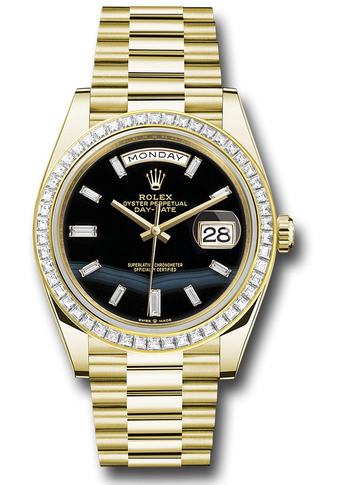 *Pre-Owned* Rolex Yellow Gold Day-Date 40 Watch - Baguette Diamond Bezel - Onyx Dial - President Bracelet