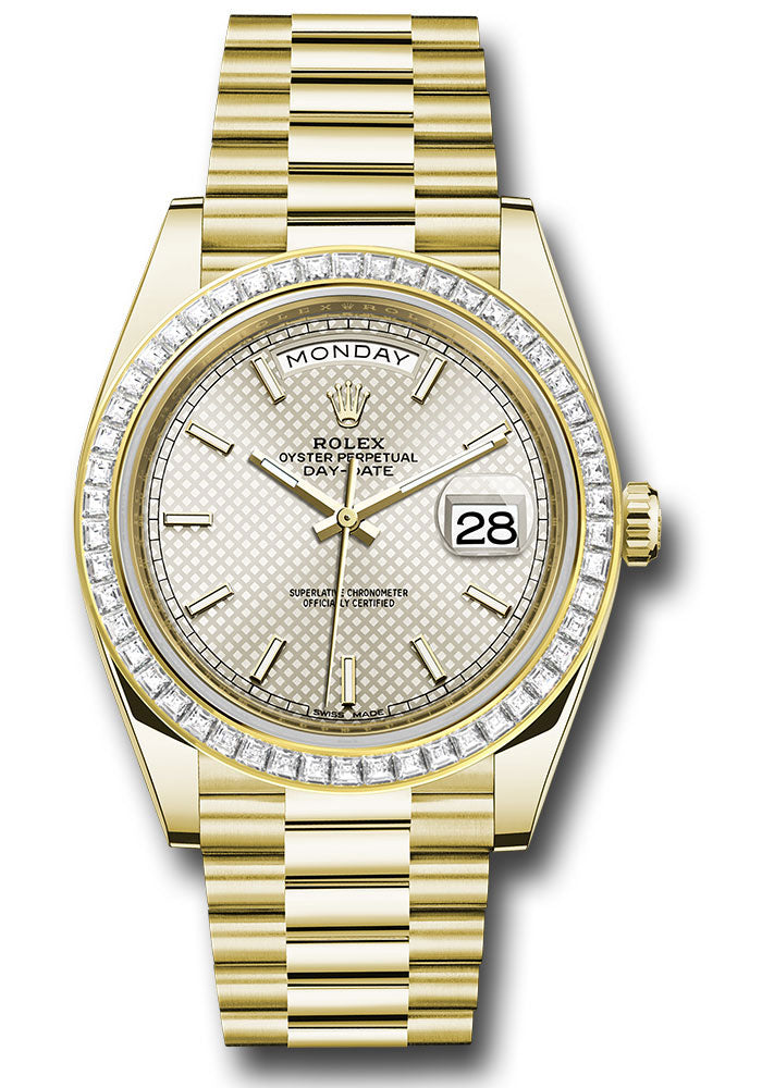 *Pre-Owned* Rolex Yellow Gold Day-Date 40 Watch - Baguette Diamond Bezel - Silver Diagonal Motif Index Dial - President Bracelet