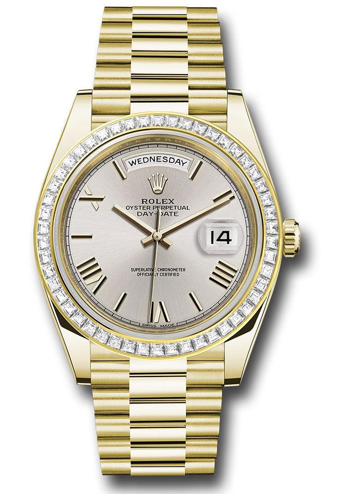 *Pre-Owned* Rolex Yellow Gold Day-Date 40 Watch - Baguette Diamond Bezel - Silver Bevelled Roman Dial - President Bracelet