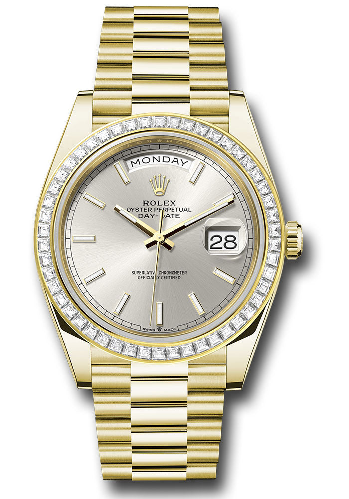 *Pre-Owned* Rolex Yellow Gold Day-Date 40 Watch - Diamond Bezel - Silver Index Dial - President Bracelet