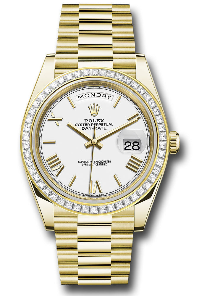 *Pre-Owned* Rolex Yellow Gold Day-Date 40 Watch - Baguette Diamond Bezel - White Bevelled Roman Dial - President Bracelet