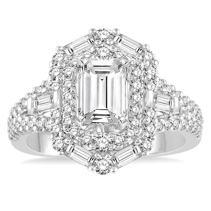 1 1/10 Ctw Emerald Shape Baguette and Round Cut Diamond Semi-Mount Engagement Ring in 14K White Gold