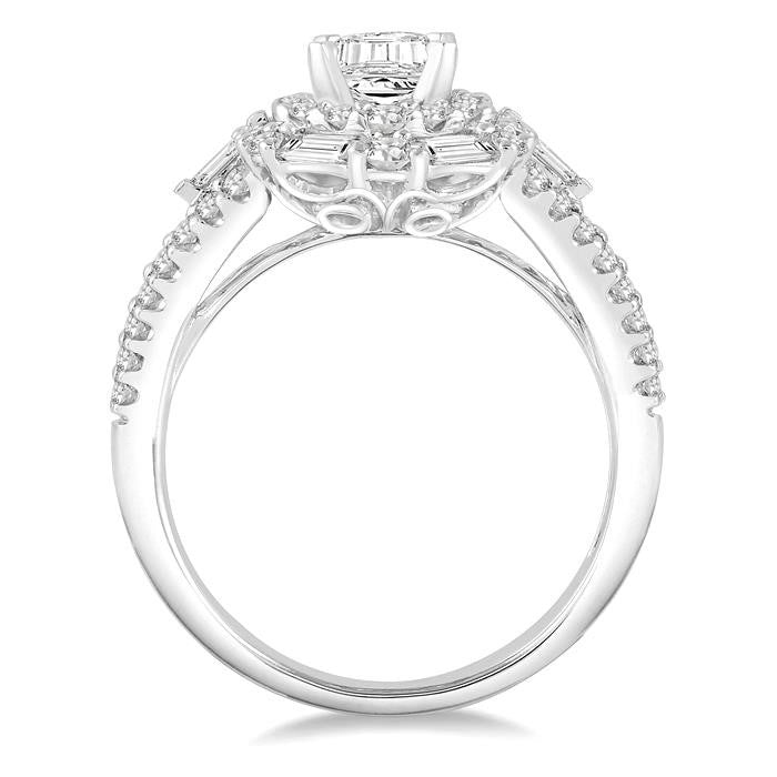 1 1/10 Ctw Emerald Shape Baguette and Round Cut Diamond Semi-Mount Engagement Ring in 14K White Gold