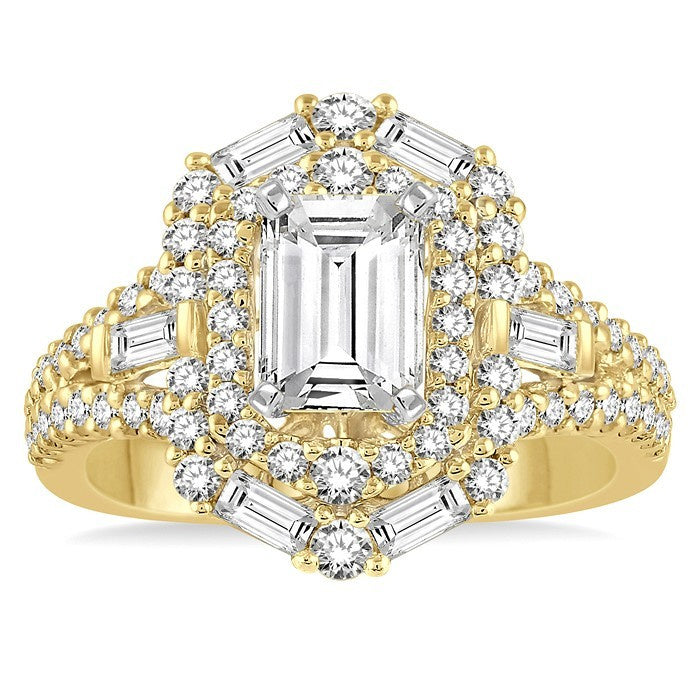 1 1/10 Ctw Emerald Shape Baguette and Round Cut Diamond Semi-Mount Engagement Ring in 14K Yellow and white Gold