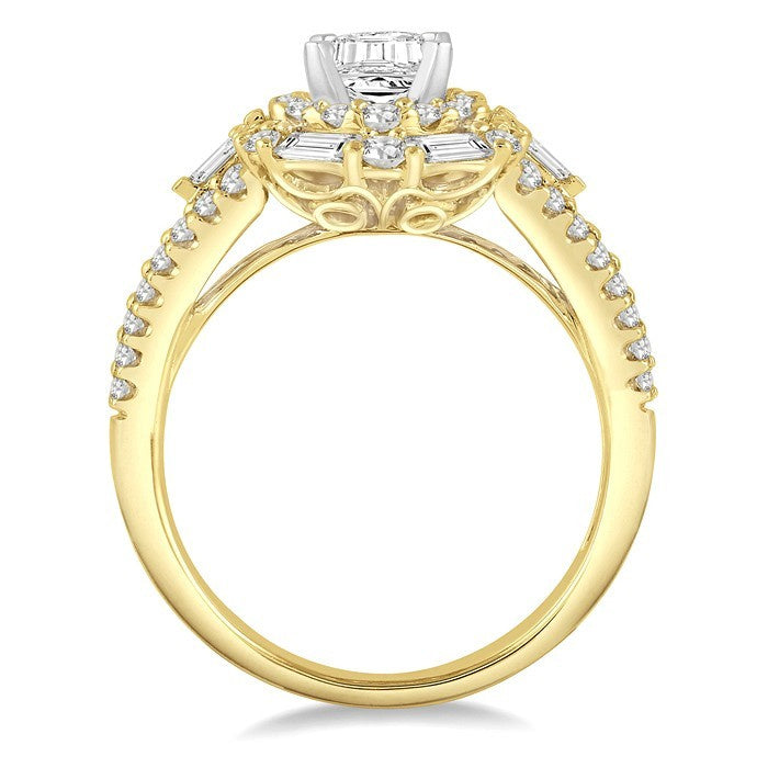 1 1/10 Ctw Emerald Shape Baguette and Round Cut Diamond Semi-Mount Engagement Ring in 14K Yellow and white Gold