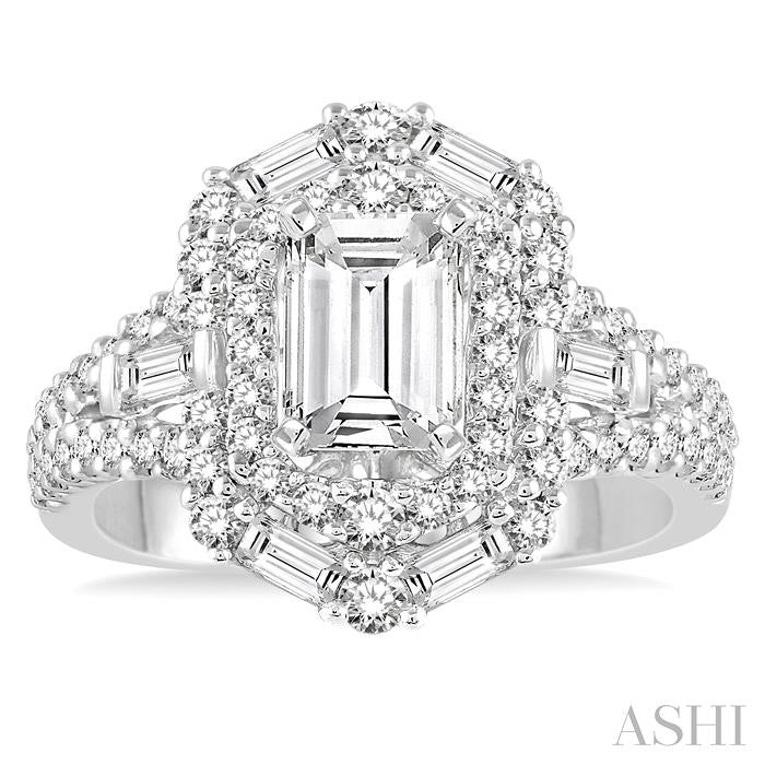1 1/10 Ctw Emerald Shape Baguette and Round Cut Diamond Semi-Mount Engagement Ring in 14K White Gold