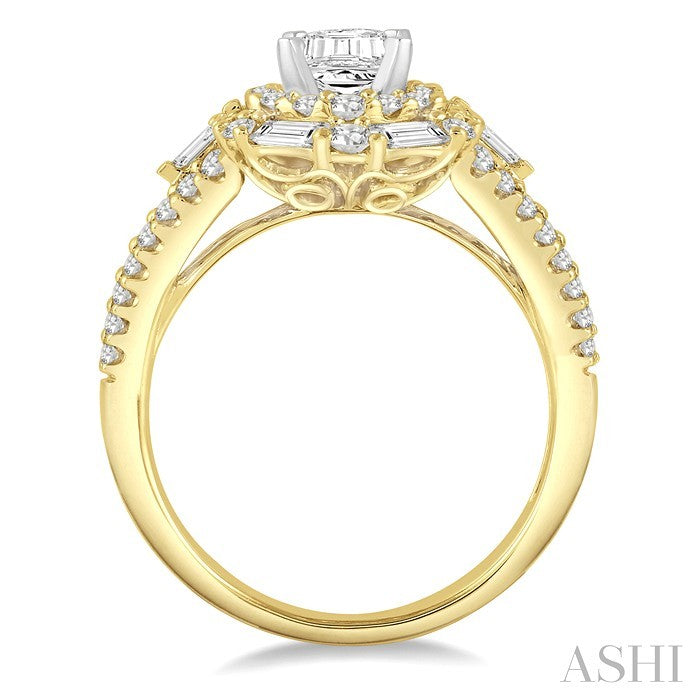 1 1/10 Ctw Emerald Shape Baguette and Round Cut Diamond Semi-Mount Engagement Ring in 14K Yellow and white Gold