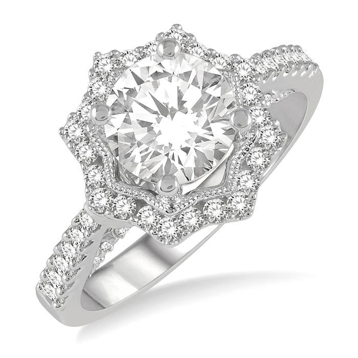 5/8 Ctw Star Border 6.5MM Round Cut Diamond Semi-Mount Engagement Ring in 14K White Gold
