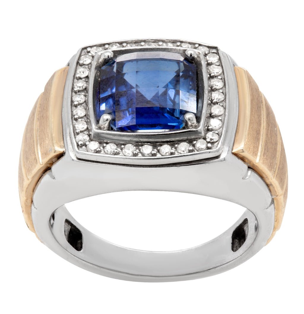 Two-Tone Blue Sapphire and Diamond Halo Ring