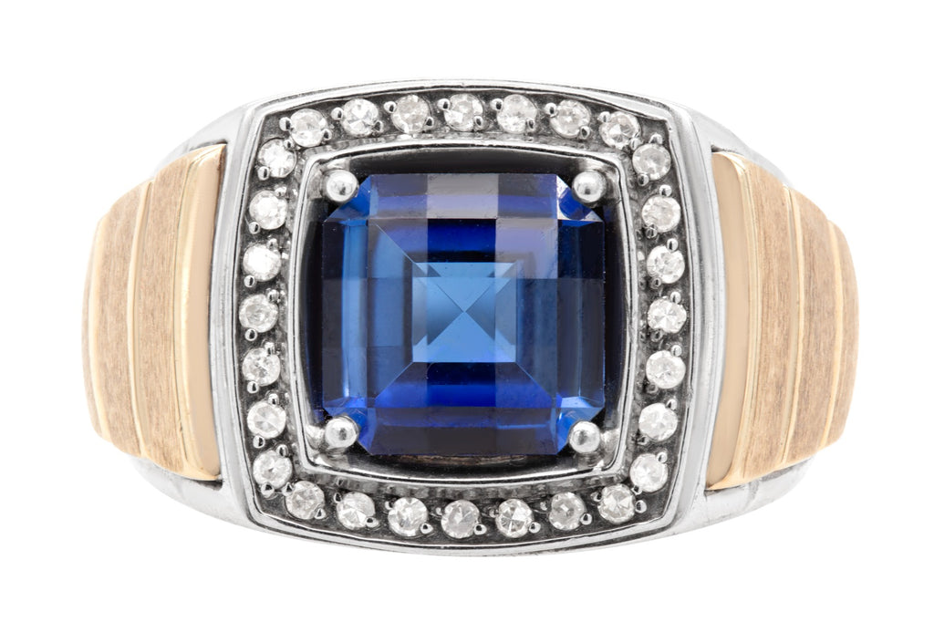 Two-Tone Blue Sapphire and Diamond Halo Ring