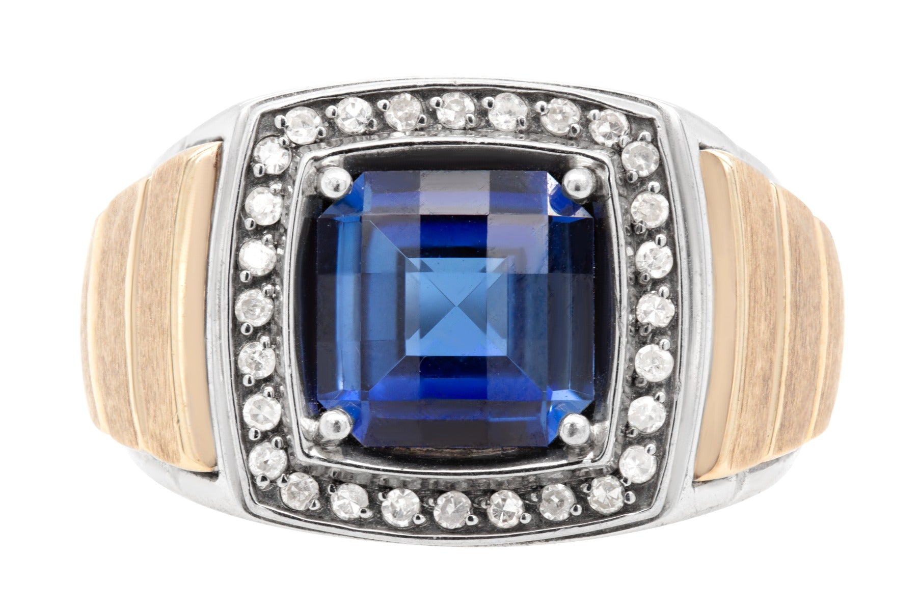 Two-Tone Blue Sapphire and Diamond Halo Ring