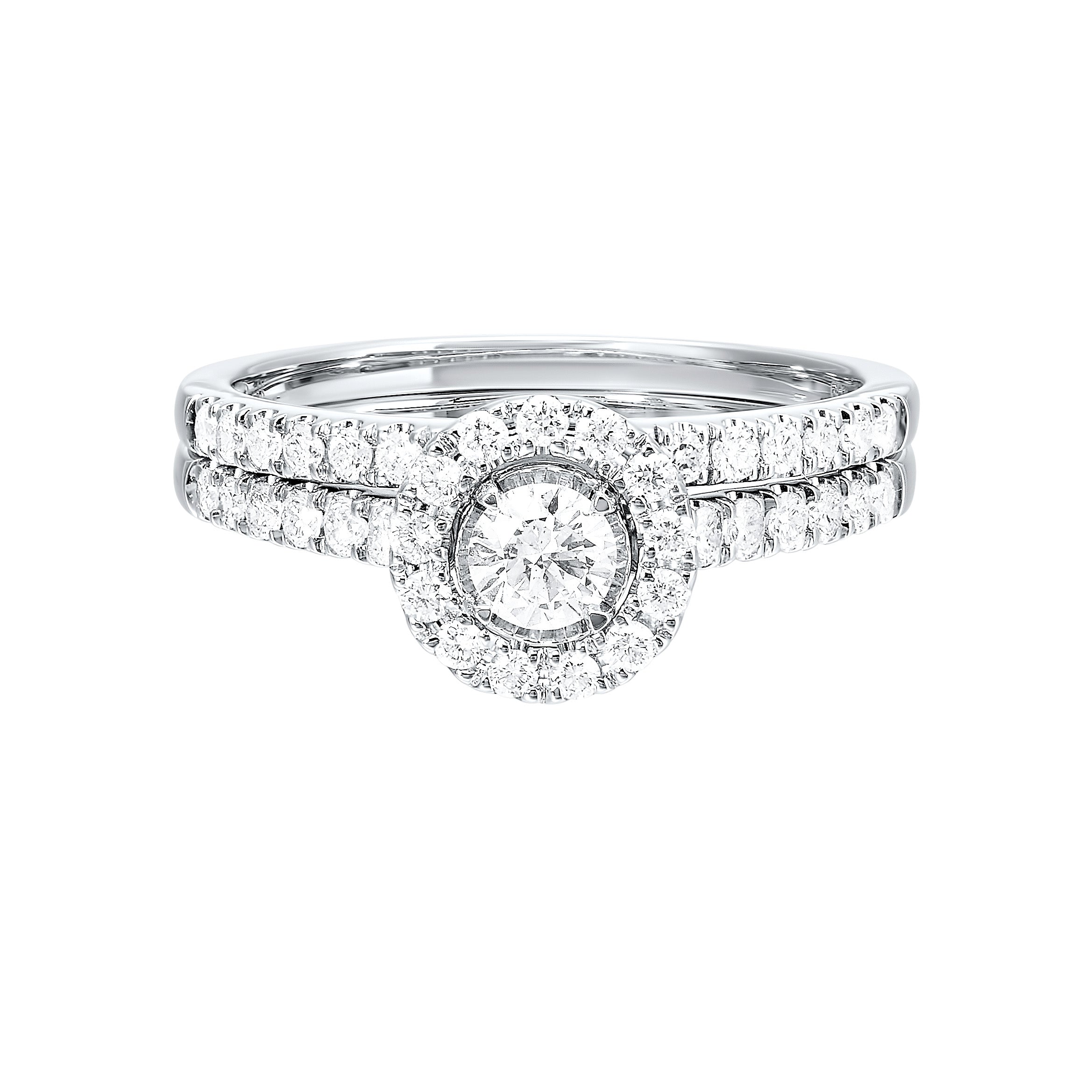 Front view 14k White Gold 3/4 tdw Diamond Halo Wedding Set