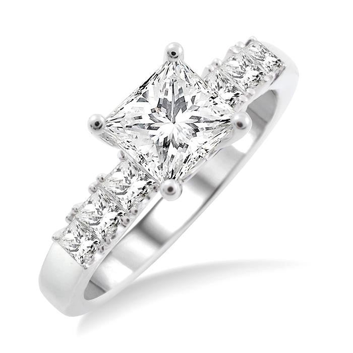 1 Ctw Diamond Engagement Ring with 5/8 Ct Princess Cut Center Stone in 14K White Gold