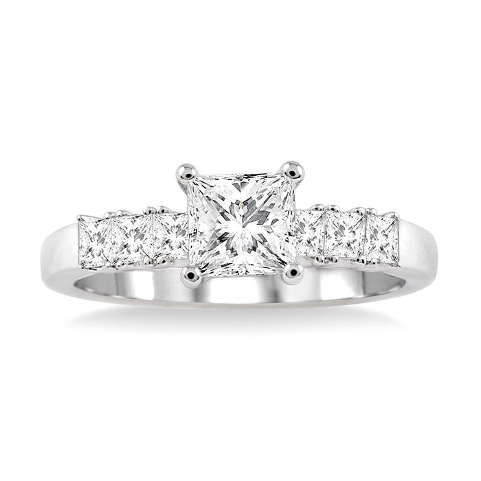 1 Ctw Diamond Engagement Ring with 5/8 Ct Princess Cut Center Stone in 14K White Gold