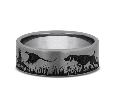 The Pointer This ring is a 7mm comfort fit design made with Grey Tantalum and features a Pointer and Pheasant scenic design.