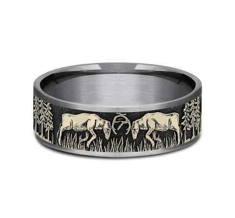 The Rut Yellow Gold This 7mm comfort fit ring is made with Grey Tantalum and features a deer fight design