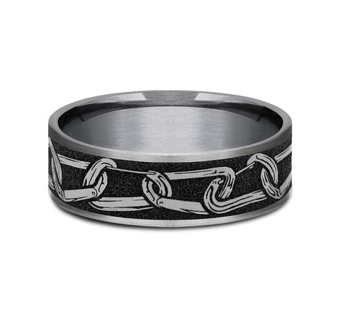 The Carabiner This 7mm comfort fit ring is made with Grey Tantalum, Grey and Black Titanium with a Carabiner design