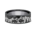 The Roamer This 7mm comfort fit ring is made with Grey Tantalum, featuring a Mountain scenic design