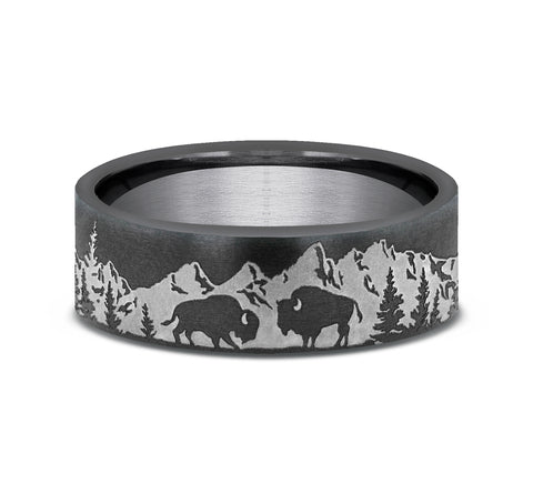 The Roamer This 7mm comfort fit ring is made with Grey Tantalum, featuring a Mountain scenic design