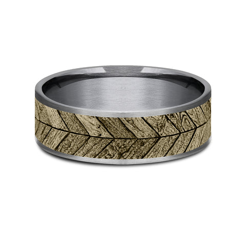 The Chevron Yellow Gold This 7mm comfort fit ring is made with Grey Tantalum and Yellow Gold, featuring a Chevron wood Pattern