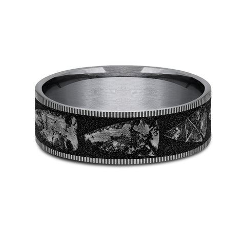 The Arrowhead This 7mm comfort fit ring is made with Grey Tantalum and Grey/Black Titanium, featuring a Arrowhead design