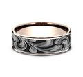 The Engraver Rose Gold This 7mm comfort fit ring is made with Rose Gold and Grey/Black Titanium, featuring a Large barrel script design