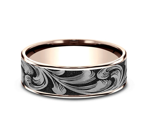 The Engraver Rose Gold This 7mm comfort fit ring is made with Rose Gold and Grey/Black Titanium, featuring a Large barrel script design