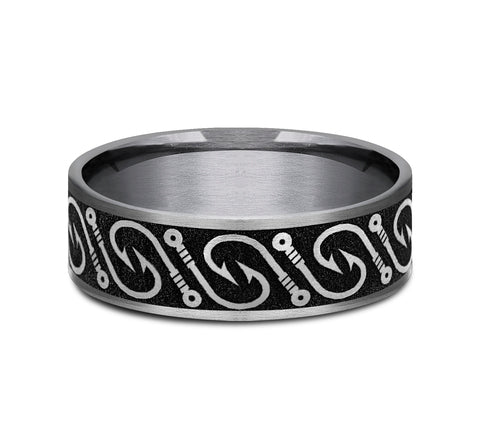 The Hook This 7mm comfort fit ring is made with Grey Tantalum and Grey/Black Titanium, featuring a Fish hook design