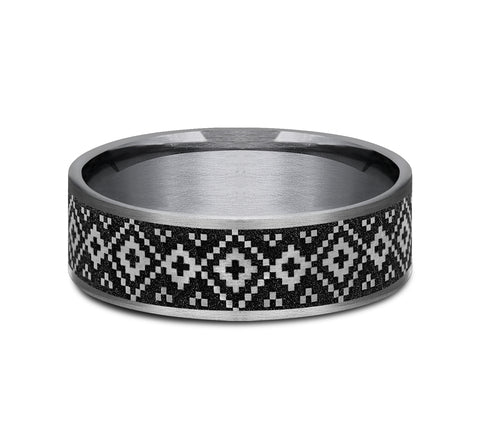 The Isle This 7mm comfort fit ring is made with Grey Tantalum and Grey/Black Titanium, featuring a Fair Isle design