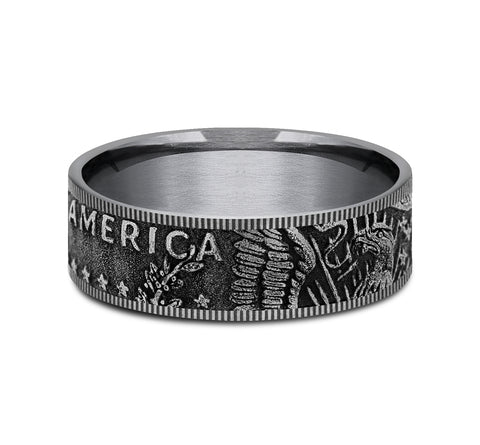 The Kennedy This 8mm comfort fit ring is made with Grey Tantalum, featuring a Kennedy half dollar design