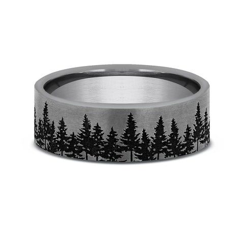 The Evergreen This 7mm comfort fit ring is made with Grey Tantalum , featuring a treeline design