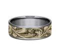The Engraver Yellow Gold This 7.5mm comfort fit ring is made with Grey Tantalum and 14k Yellow Gold , featuring a Large barrel script design