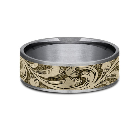 The Engraver Yellow Gold This 7.5mm comfort fit ring is made with Grey Tantalum and 14k Yellow Gold , featuring a Large barrel script design