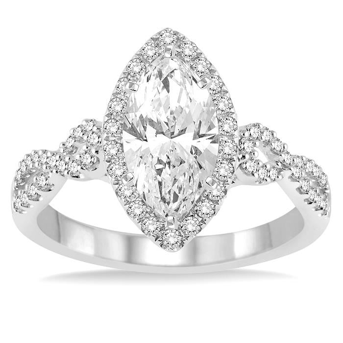1 Ctw Diamond Engagement Ring with 5/8 Ct Marquise Cut Center Stone in 14K White Gold