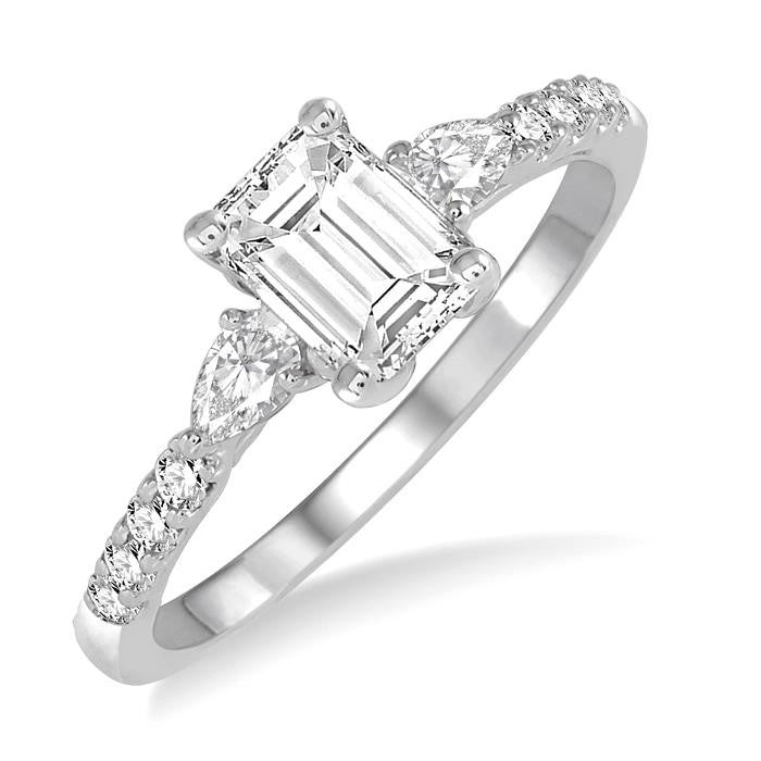 7/8 Ctw Pear & Round Cut Diamond Engagement Ring With 1/2 Ct Emerald Cut Center Stone in 14K White Gold