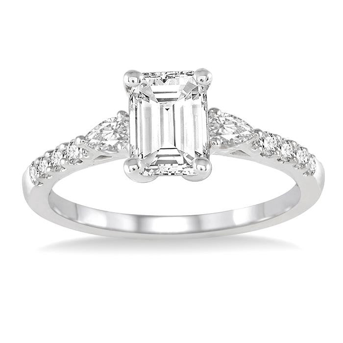 7/8 Ctw Pear & Round Cut Diamond Engagement Ring With 1/2 Ct Emerald Cut Center Stone in 14K White Gold