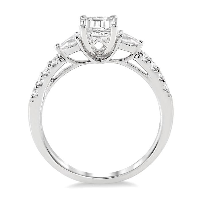 7/8 Ctw Pear & Round Cut Diamond Engagement Ring With 1/2 Ct Emerald Cut Center Stone in 14K White Gold
