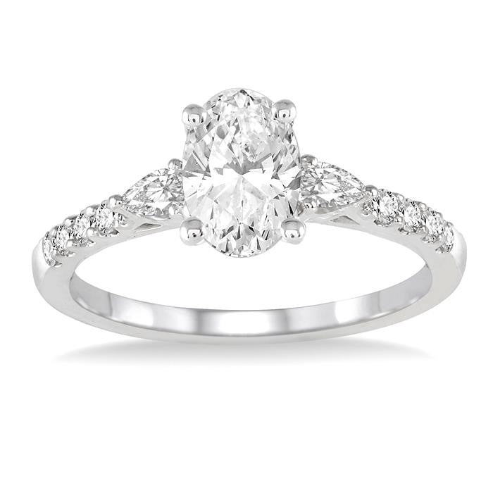 7/8 Ctw Pear & Round Cut Diamond Engagement Ring With 1/2 Ct Oval Cut Center Stone in 14K White Gold