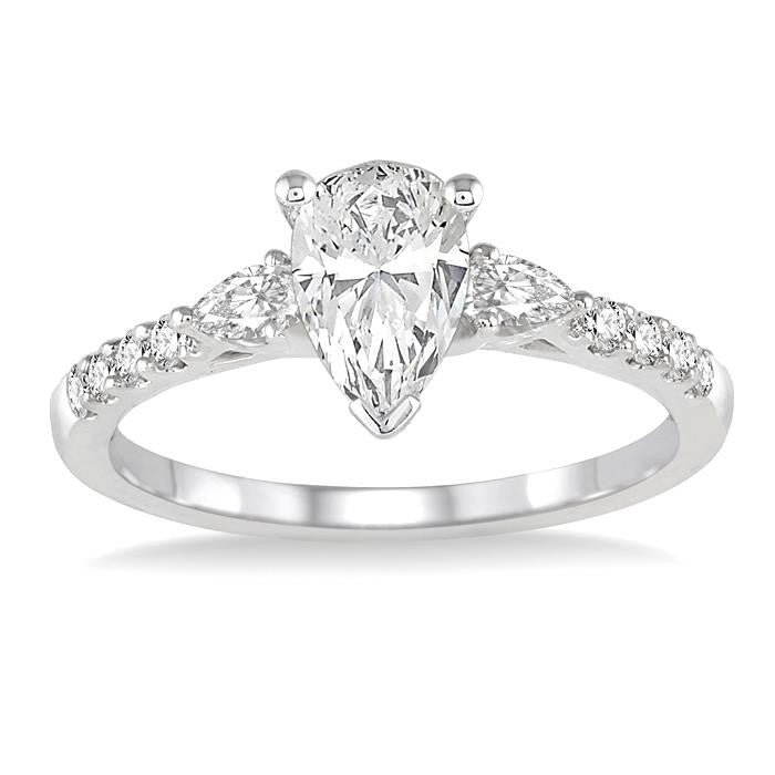 7/8 Ctw Pear & Round Cut Diamond Engagement Ring With 1/2 Ct Pear Cut Center Stone in 14K White Gold