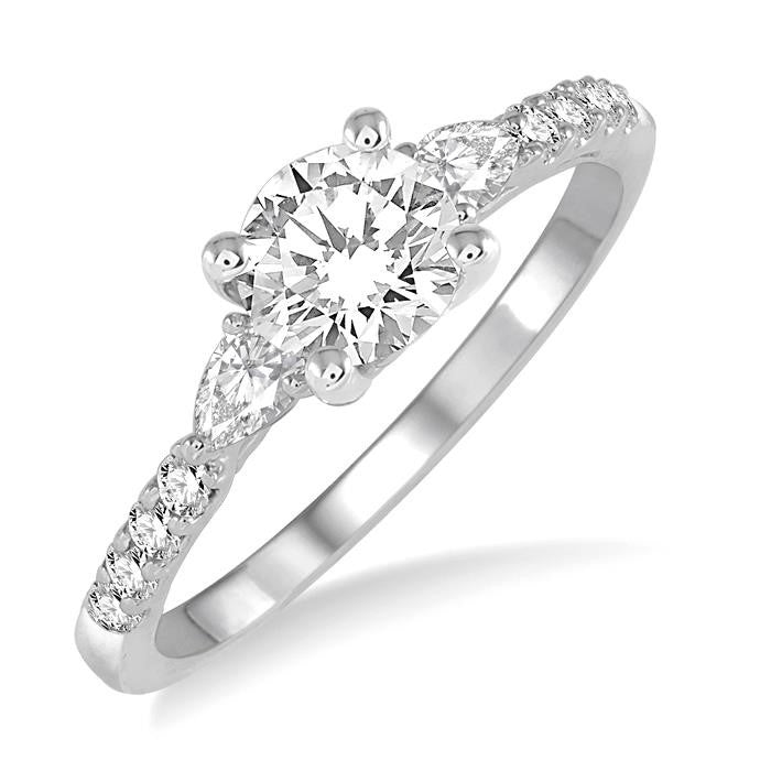 7/8 Ctw Pear and Round Cut Diamond Engagement Ring With 1/2 Ct Round Cut Center Stone in 14K White Gold