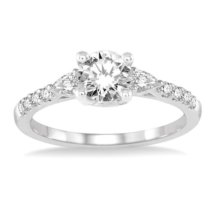 7/8 Ctw Pear and Round Cut Diamond Engagement Ring With 1/2 Ct Round Cut Center Stone in 14K White Gold
