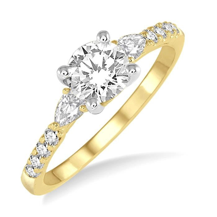 7/8 Ctw Pear and Round Cut Diamond Engagement Ring With 1/2 Ct Round Cut Center Stone in 14K Yellow and White Gold