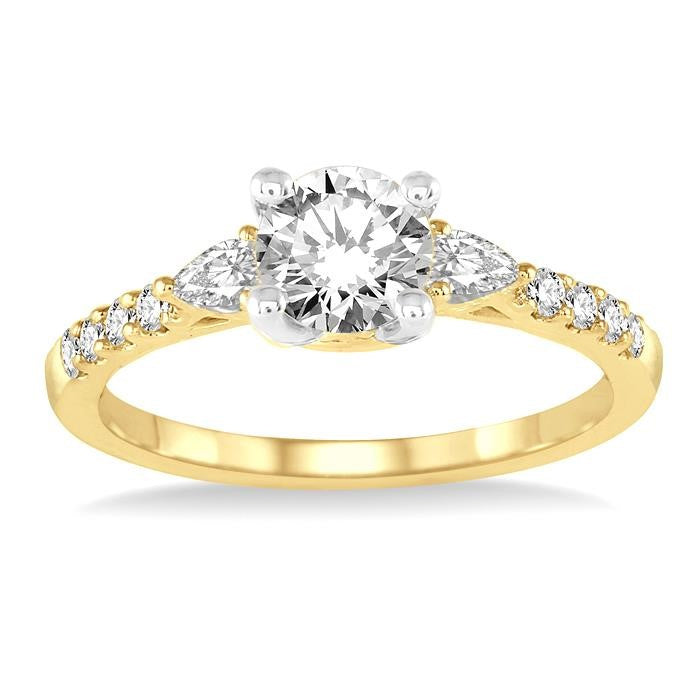 7/8 Ctw Pear and Round Cut Diamond Engagement Ring With 1/2 Ct Round Cut Center Stone in 14K Yellow and White Gold