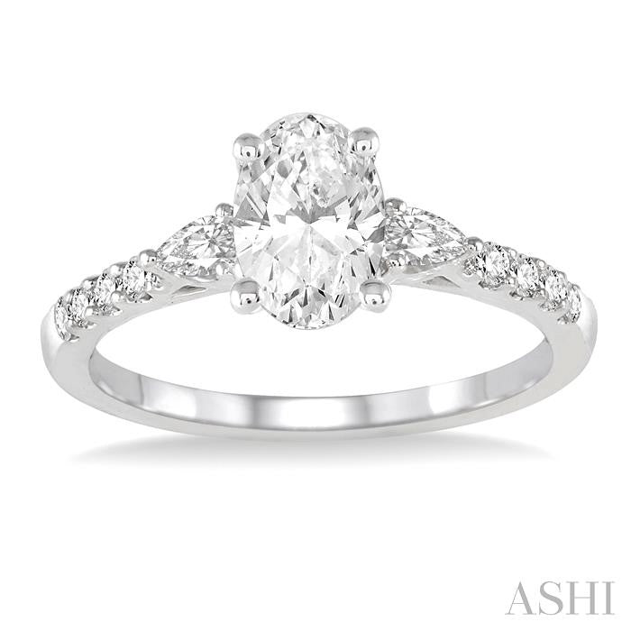 7/8 Ctw Pear & Round Cut Diamond Engagement Ring With 1/2 Ct Oval Cut Center Stone in 14K White Gold