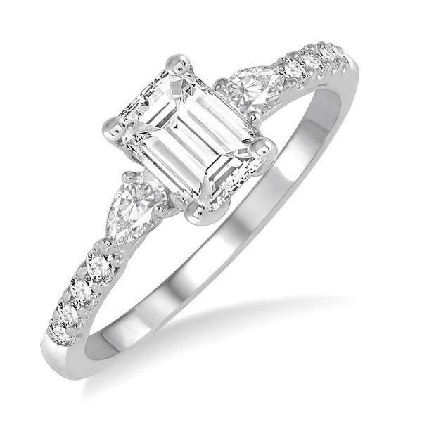 3/8 Ctw Emerald Shape Pear & Round Cut Diamond Semi-Mount Engagement Ring in 14K White Gold